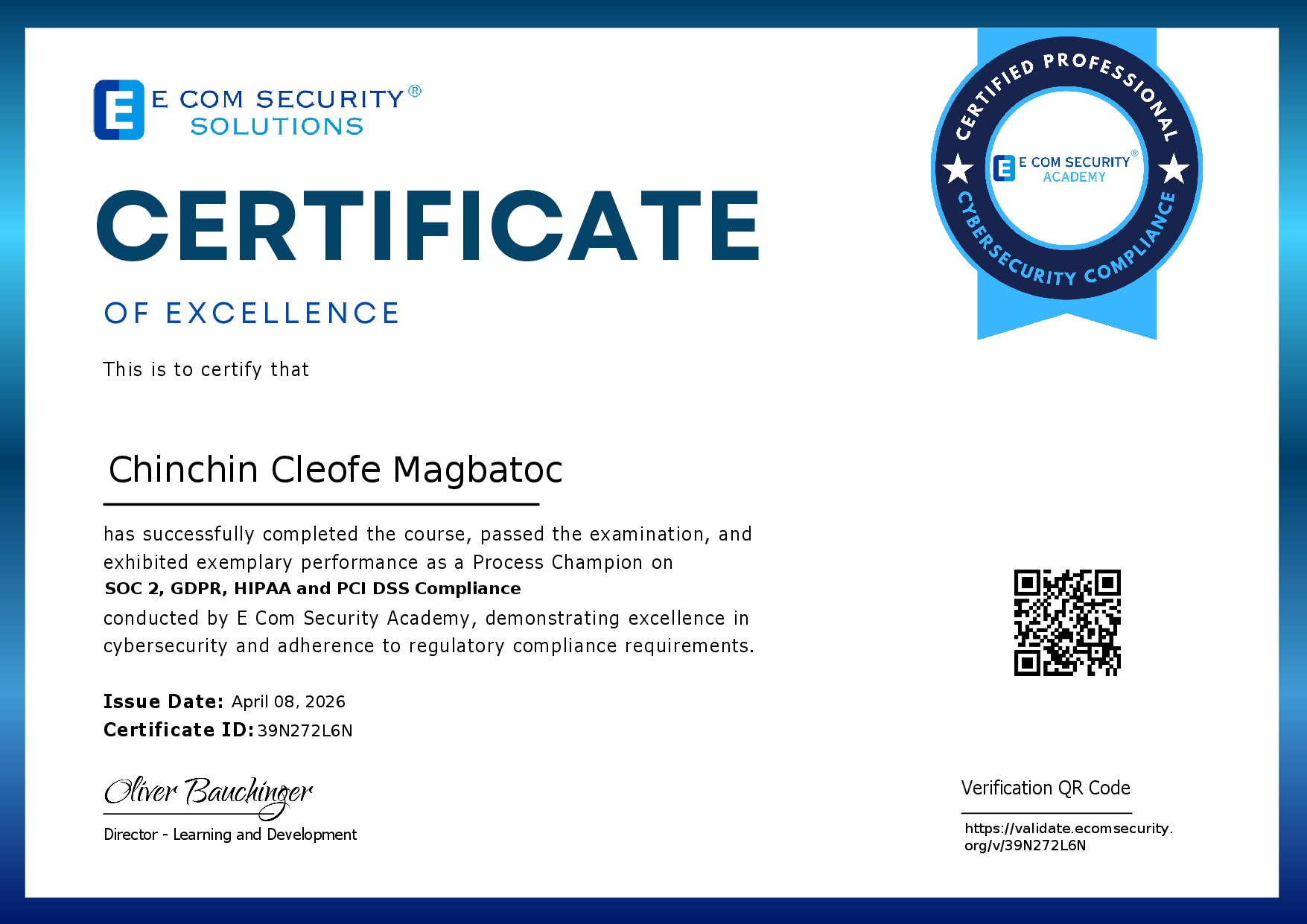 Certificate for Chinchin Cleofe Magbatoc