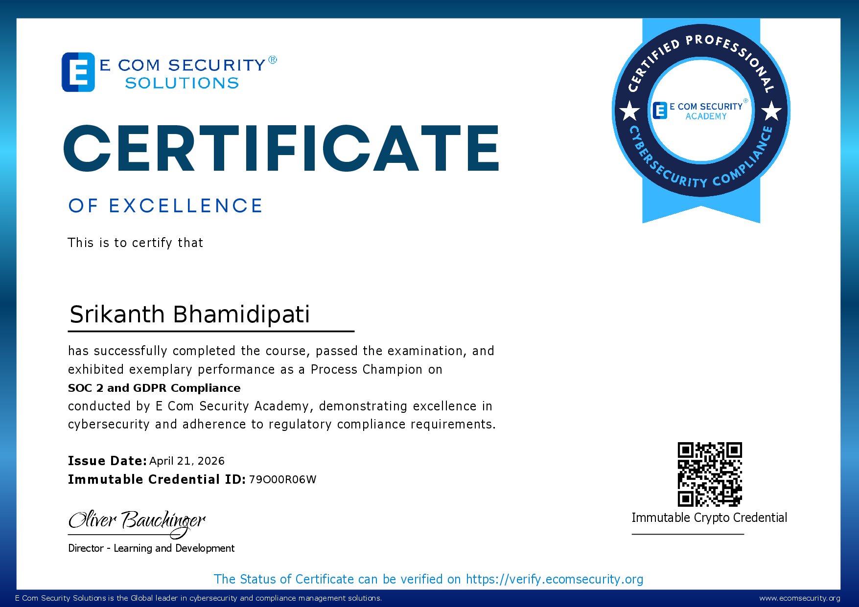 Certificate for Srikanth Bhamidipati