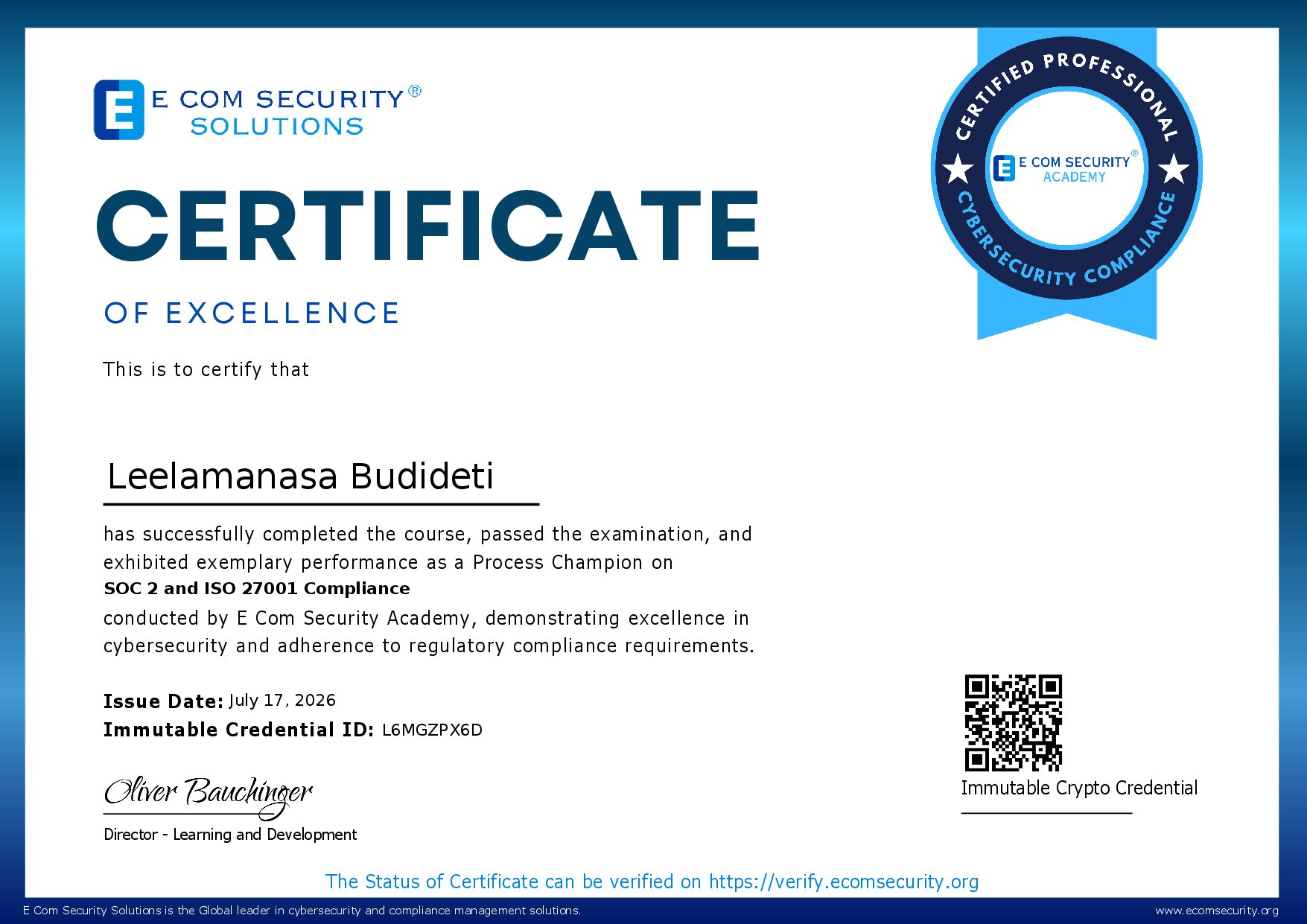 Certificate for Leelamanasa Budideti