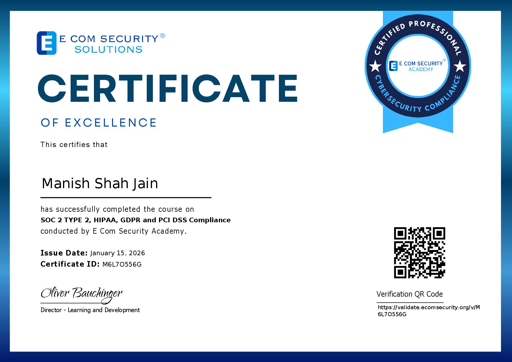 Certificate for Manish Shah Jain