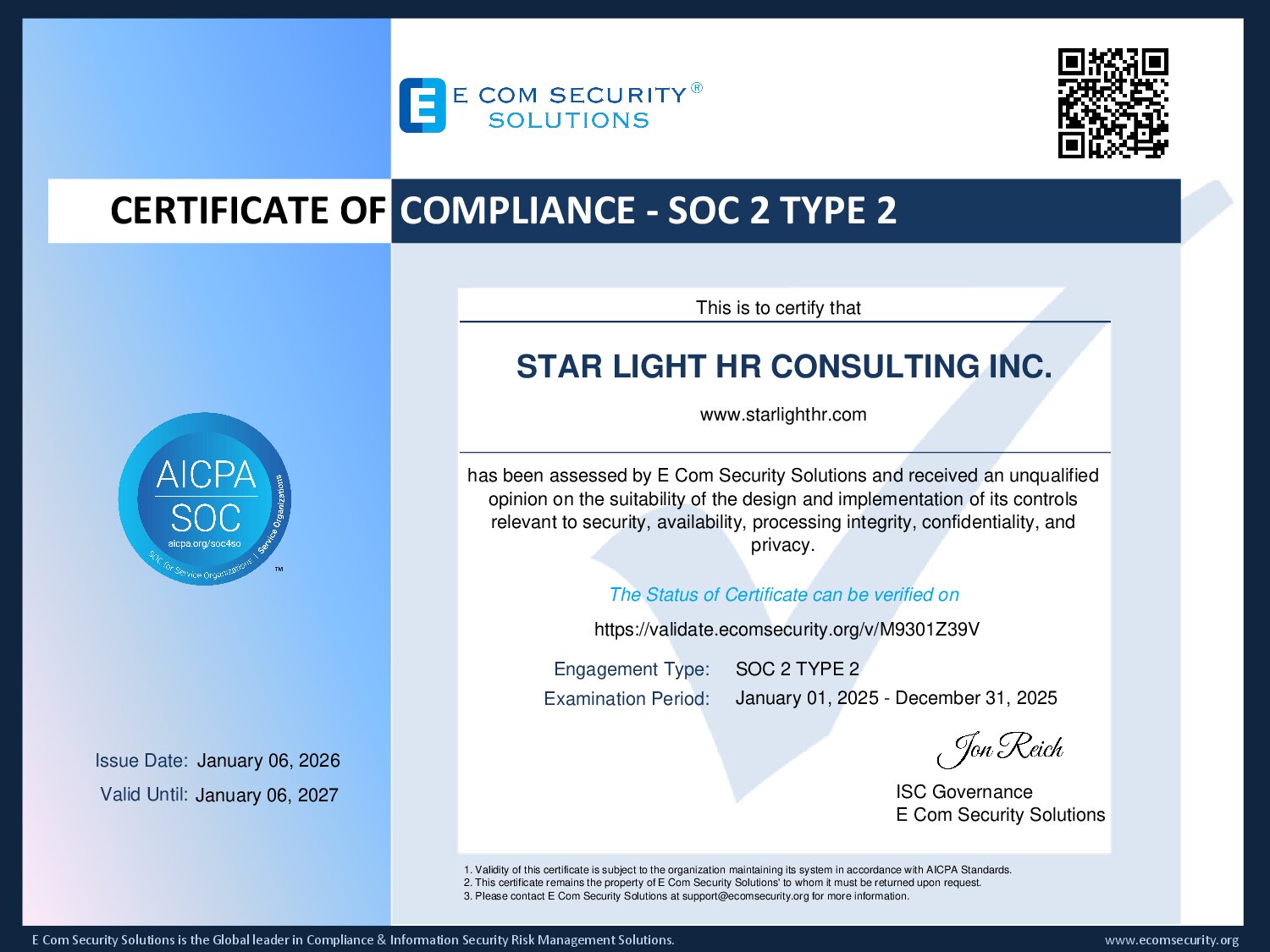 Certificate for STAR LIGHT HR CONSULTING INC.