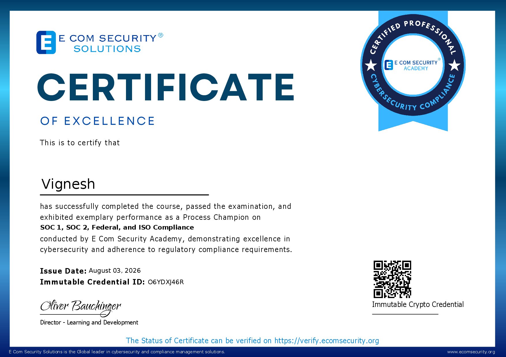 Certificate for Vignesh