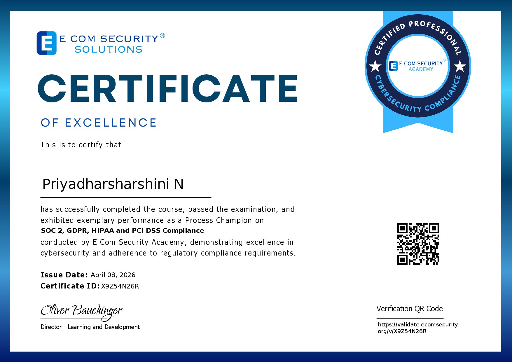 Certificate for Priyadharsharshini N